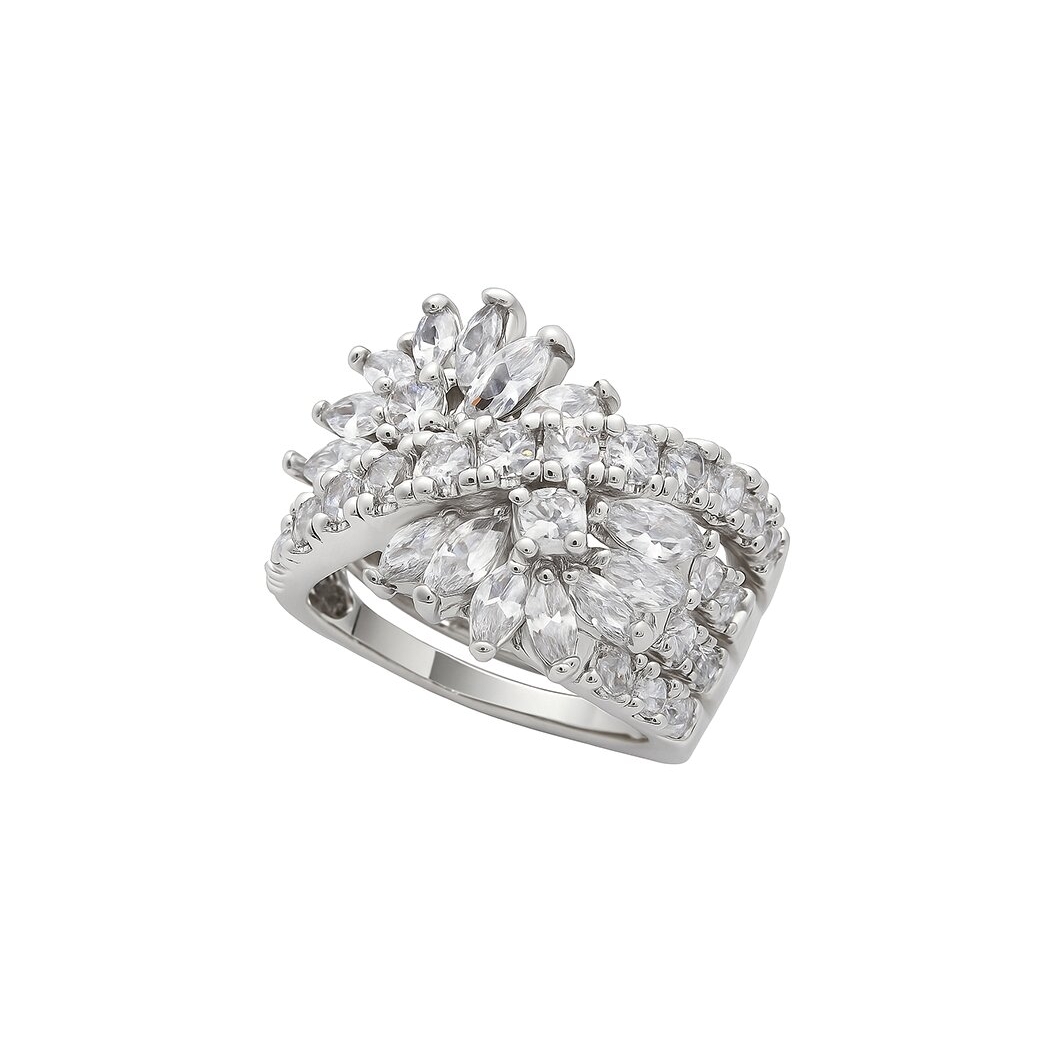 White Crystal Floral Cluster Ring In Sterling-Tone Metal